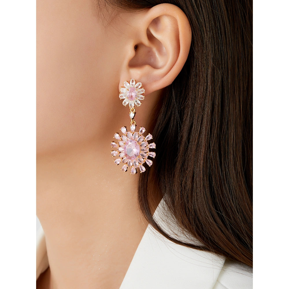 Vintage pink cubic zirconia flower drop earrings with gold-plated copper. Sparkling dangle earrings for weddings and formal occasions