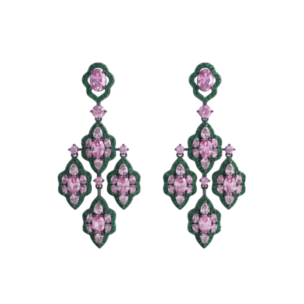 Vintage rose pink and emerald green zircon chandelier earrings with silver-plated copper. Sparkling dangle earrings for weddings and formal occasions