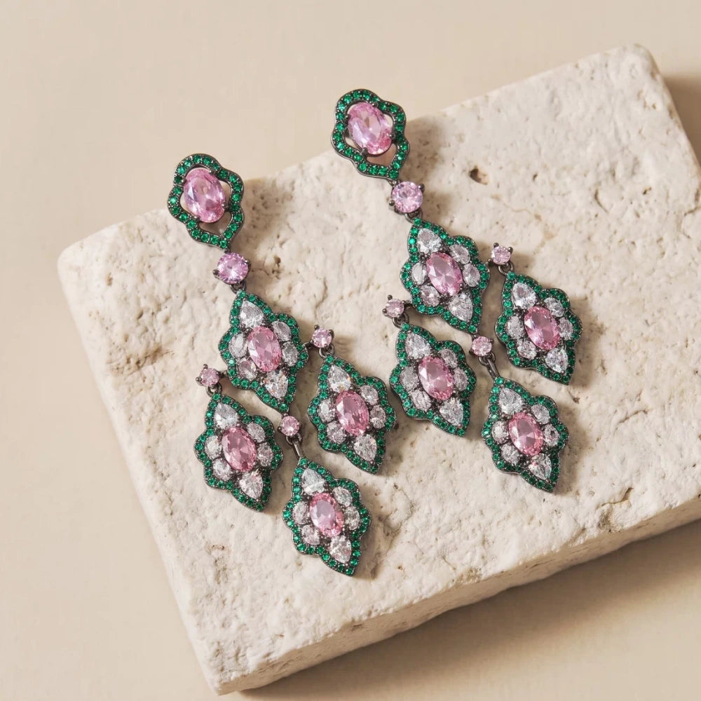 Vintage rose pink and emerald green zircon chandelier earrings with silver-plated copper. Sparkling dangle earrings for weddings and formal occasions