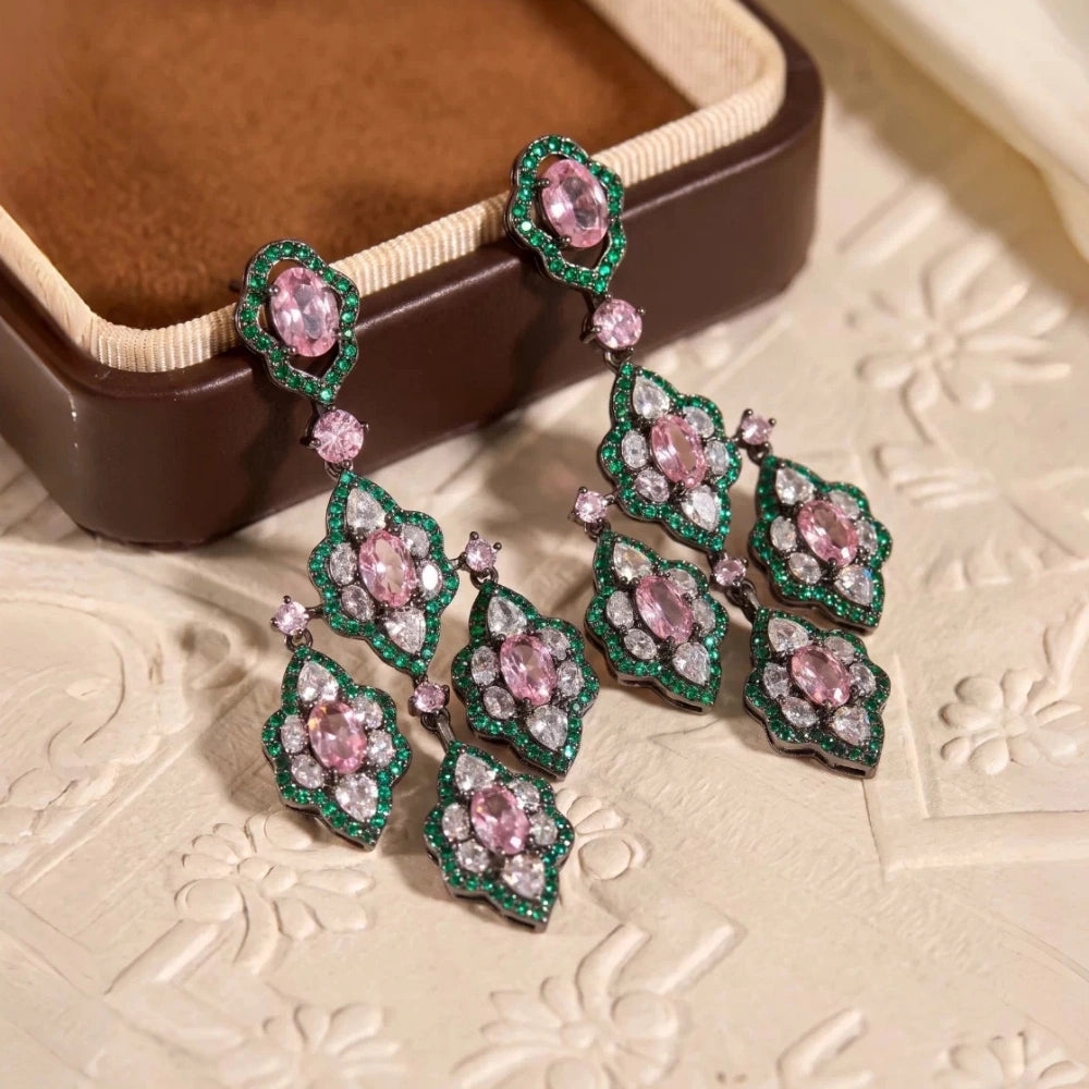 Vintage rose pink and emerald green zircon chandelier earrings with silver-plated copper. Sparkling dangle earrings for weddings and formal occasions