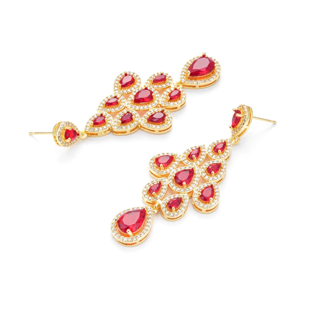 Vintage ruby red cubic zirconia chandelier earrings with gold-plated copper. Sparkling dangle earrings for weddings and formal occasions