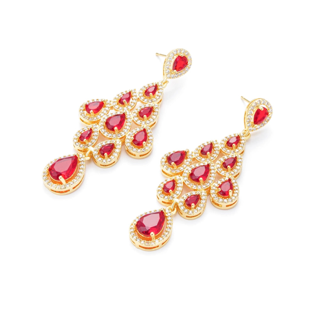 Vintage ruby red cubic zirconia chandelier earrings with gold-plated copper. Sparkling dangle earrings for weddings and formal occasions
