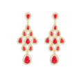 Vintage ruby red cubic zirconia chandelier earrings with gold-plated copper. Sparkling dangle earrings for weddings and formal occasions
