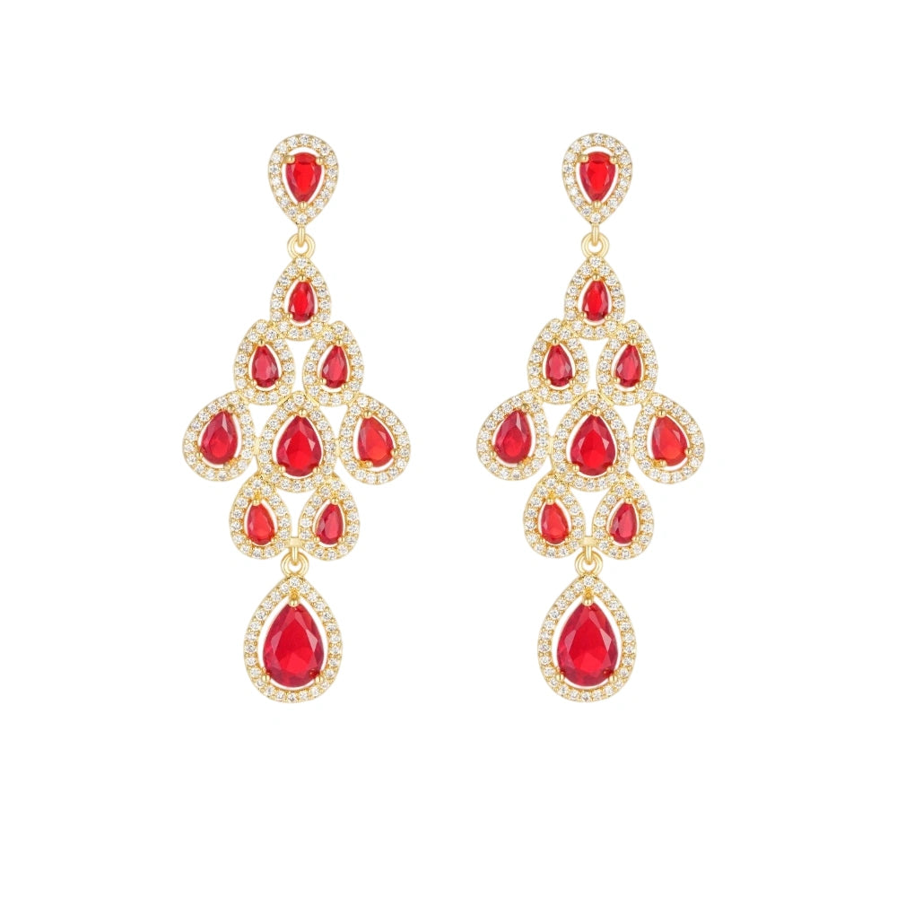Vintage ruby red cubic zirconia chandelier earrings with gold-plated copper. Sparkling dangle earrings for weddings and formal occasions