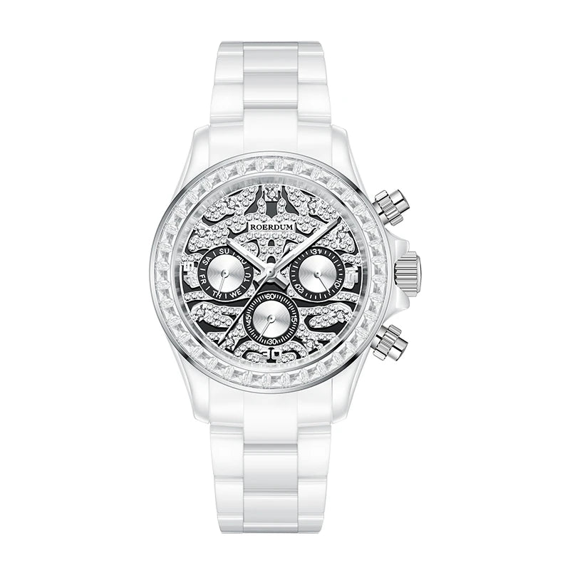 Men's white ceramic automatic mechanical watch with diamond paved butterfly dial and crystal bezel