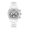 Men's white ceramic automatic mechanical watch with diamond paved butterfly dial and crystal bezel