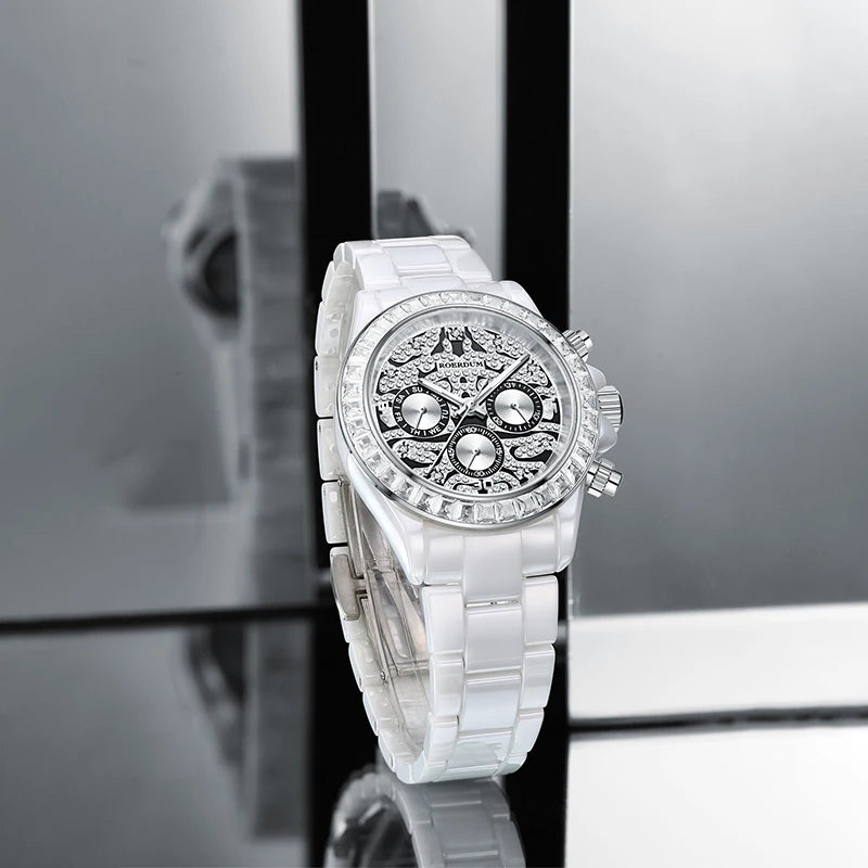 Luxury 39.5mm white ceramic automatic watch displayed against dark mirror reflection