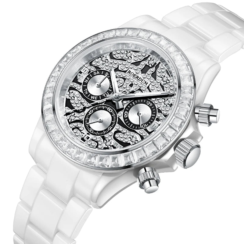 Angled view of white ceramic watch showing baguette crystal bezel and diamond iced out dial   