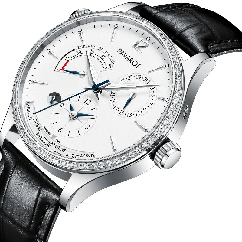 Angled view of luxury automatic watch showing diamond bezel, power reserve indicator, and dual time sub-dials