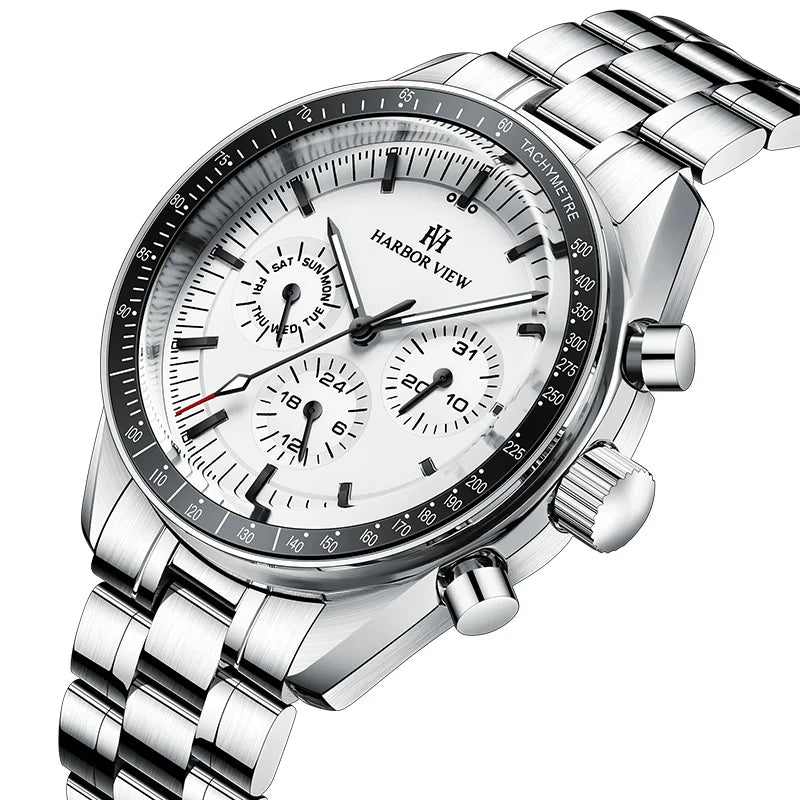 Close-up angled view highlighting the sub-dials, tachymeter bezel, and push buttons